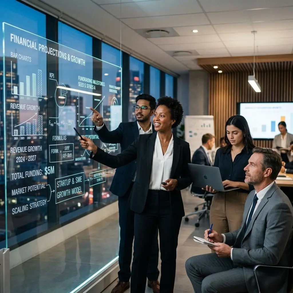 Investment strategy team reviewing growth projections